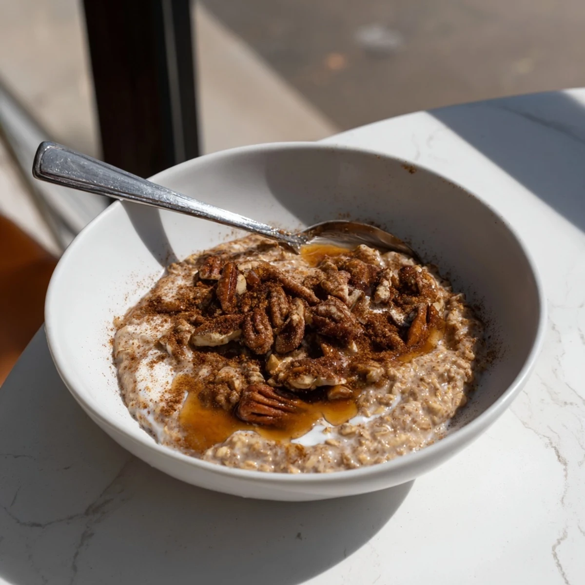 Creamy maple cinnamon pecan overnight oats served in a mason jar with chopped pecans on top