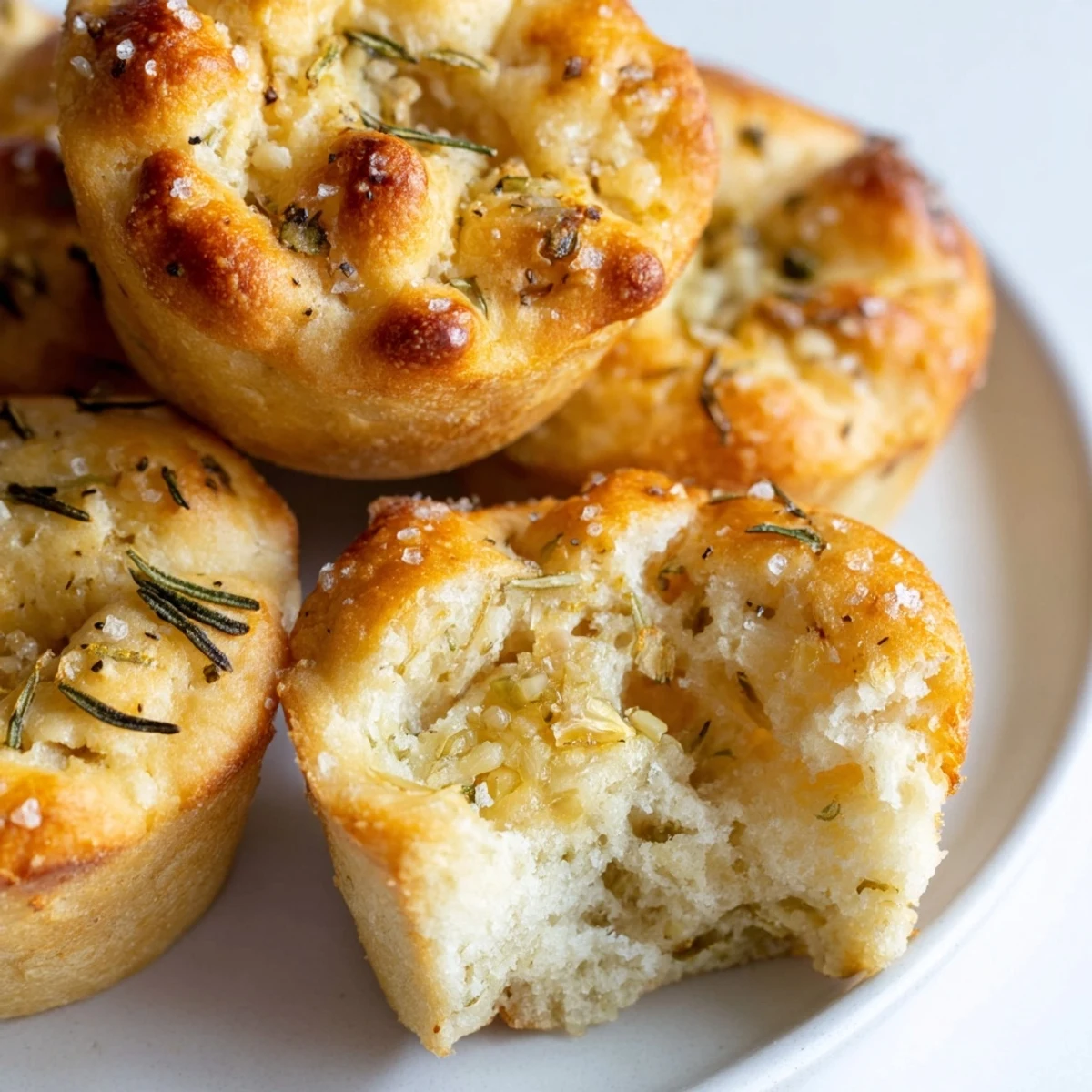 Warm garlic rosemary focaccia muffins drizzled with olive oil on a rustic plate