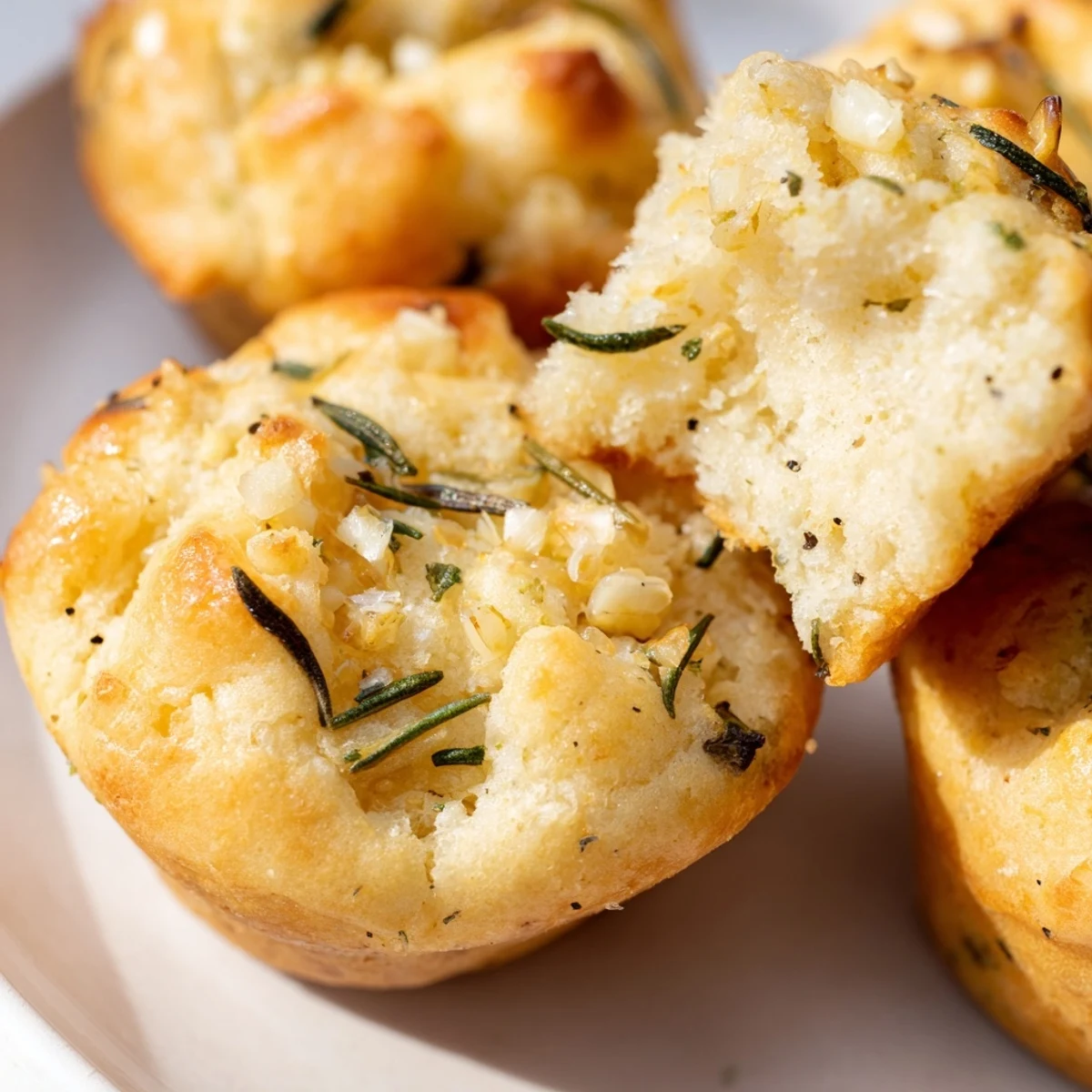 Golden garlic rosemary focaccia muffins fresh from the oven with herb-flecked crusts