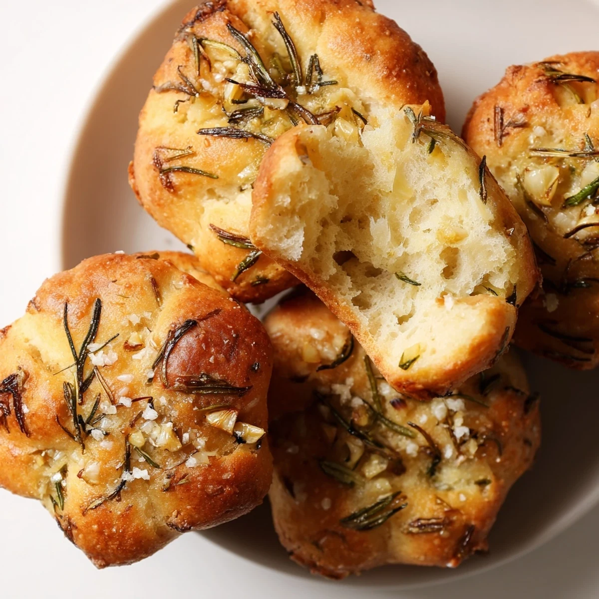 Crispy-topped garlic rosemary focaccia muffins nestled in a tin ready for serving