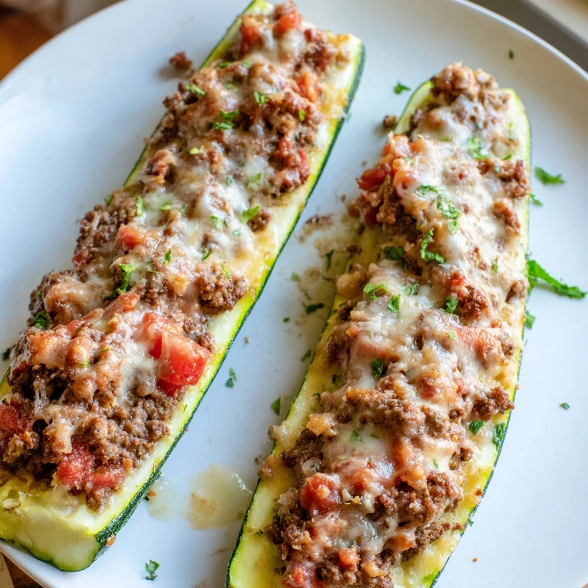 Golden baked stuffed zucchini boats with ground beef topped with bubbling melted mozzarella cheese