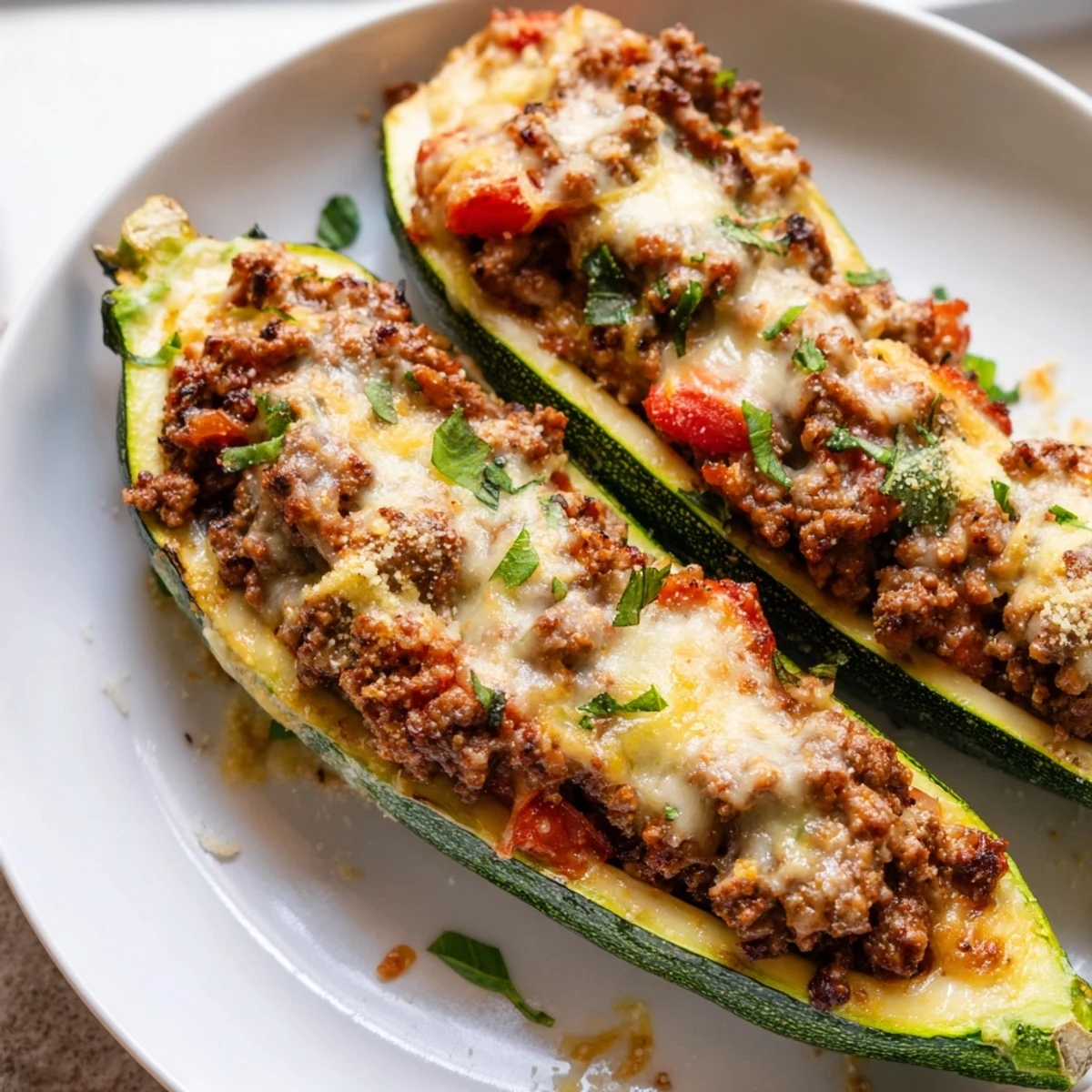 Savory stuffed zucchini boats with ground beef overflowing with tomato herb filling close-up