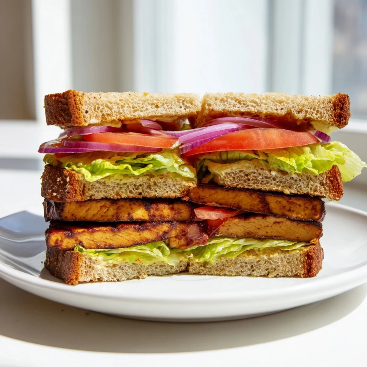 Smoky Tofu Lettuce Tomato TLT Sandwich stacked on toasted sourdough with juicy red tomatoes