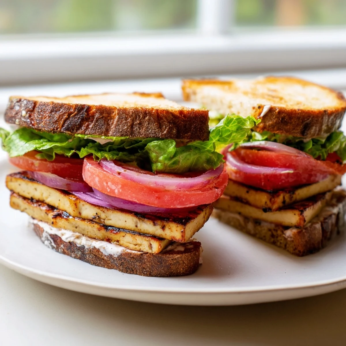 Crisp lettuce and golden smoky tofu layered inside a fresh Summer TLT Sandwich