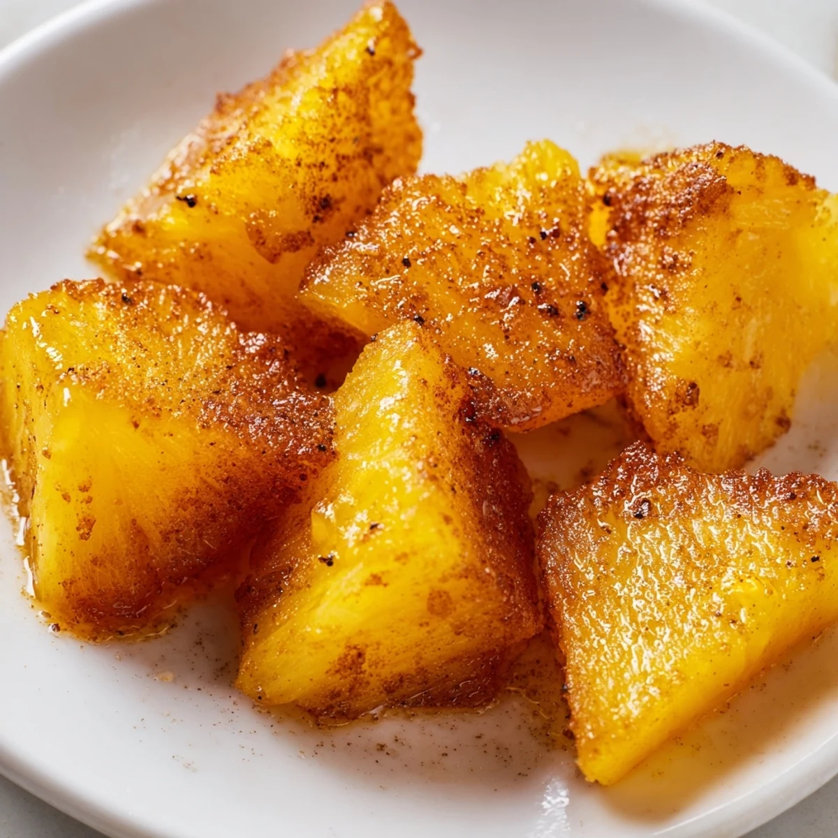Golden air fryer pineapple chunks with caramelized edges served warm in a bowl