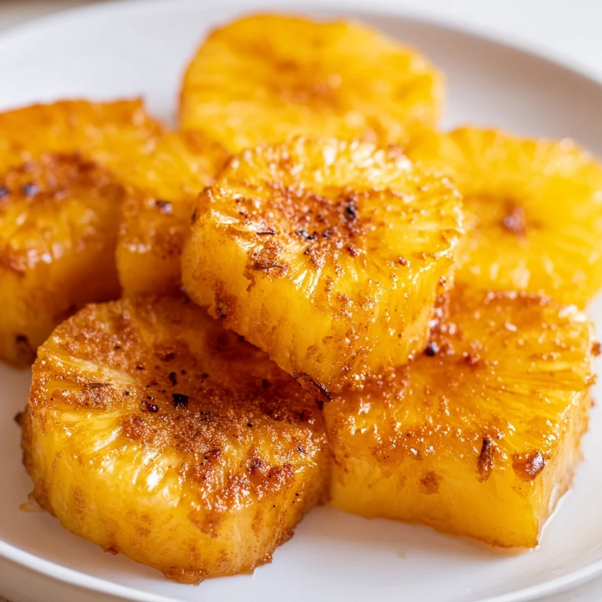 Cinnamon-dusted air fryer pineapple chunks glistening with golden caramelized sugar coating