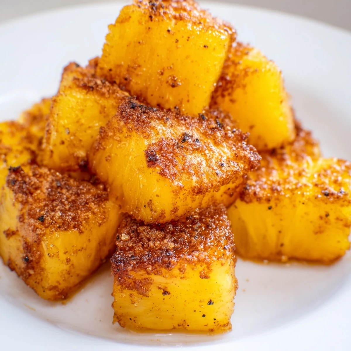 Air fryer pineapple chunks arranged on a plate as a sweet tropical snack