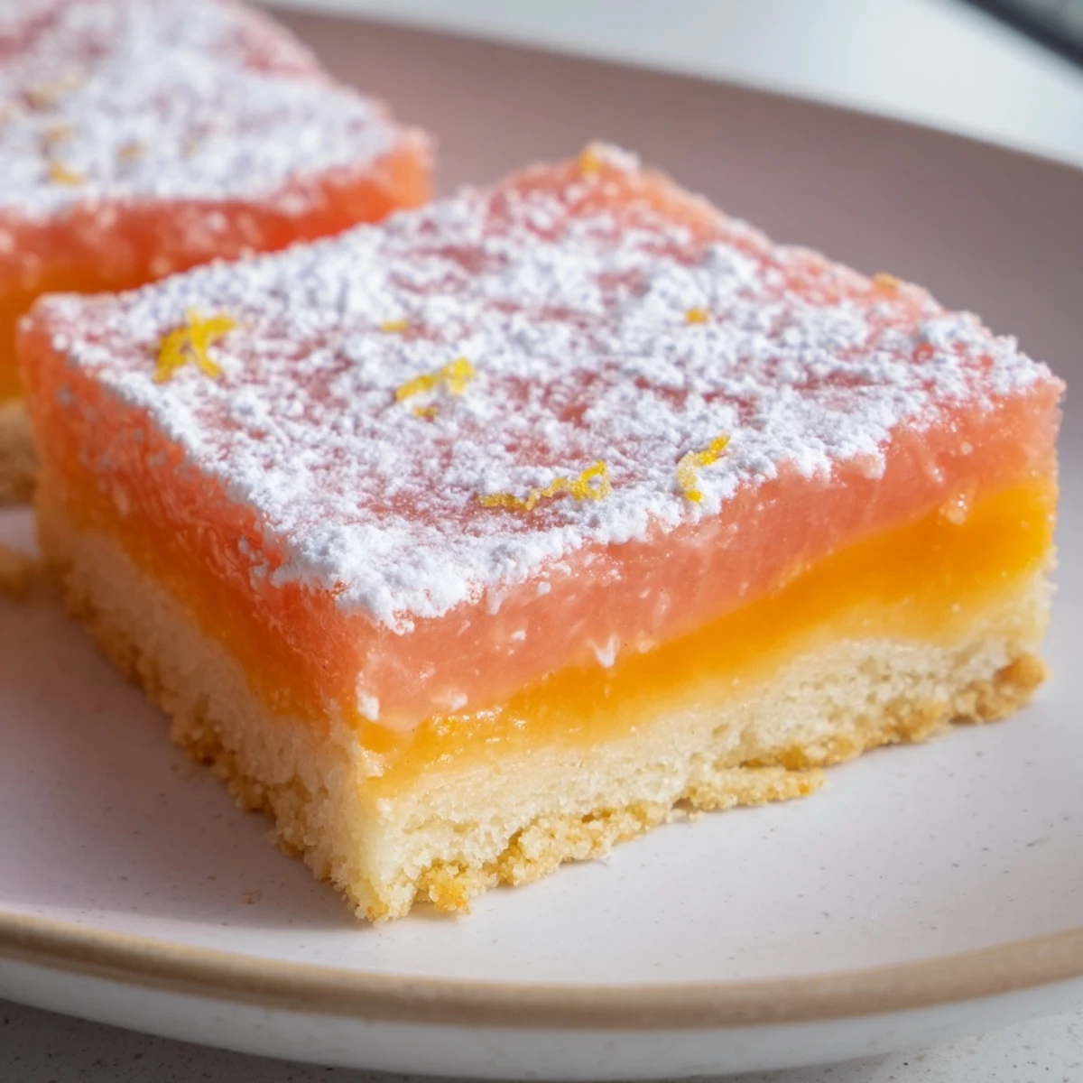 Golden grapefruit bars dusted with powdered sugar on a rustic cutting board
