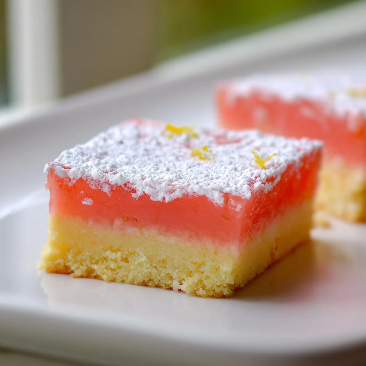 Tangy grapefruit bars with bright pink custard filling atop a buttery shortbread crust