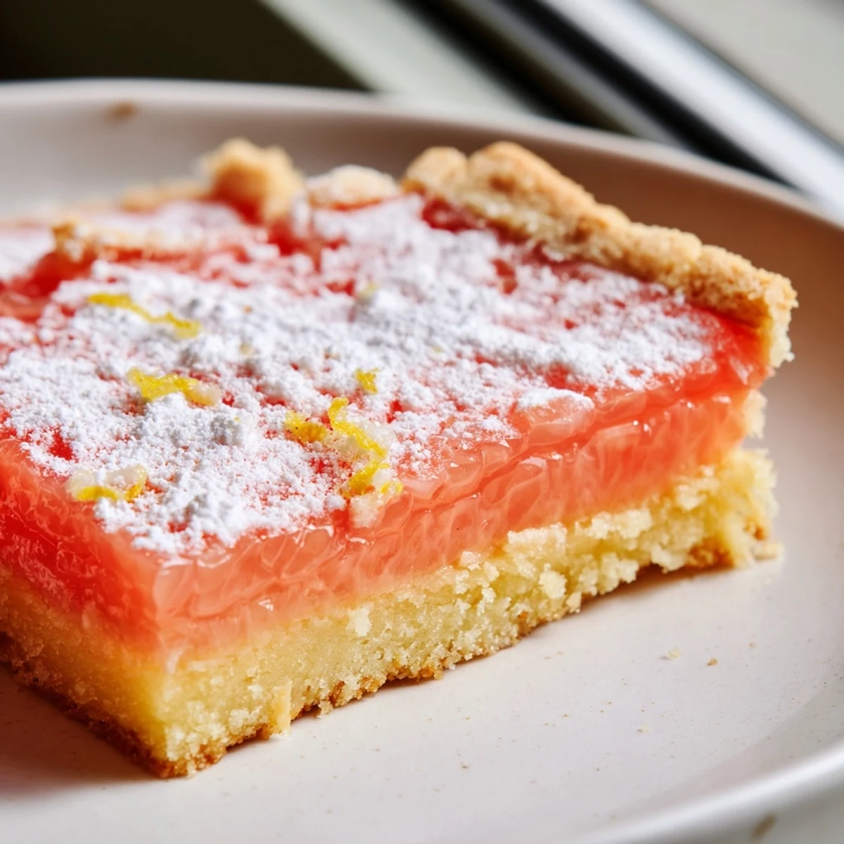 Freshly sliced grapefruit bars topped with powdered sugar ready for a spring gathering
