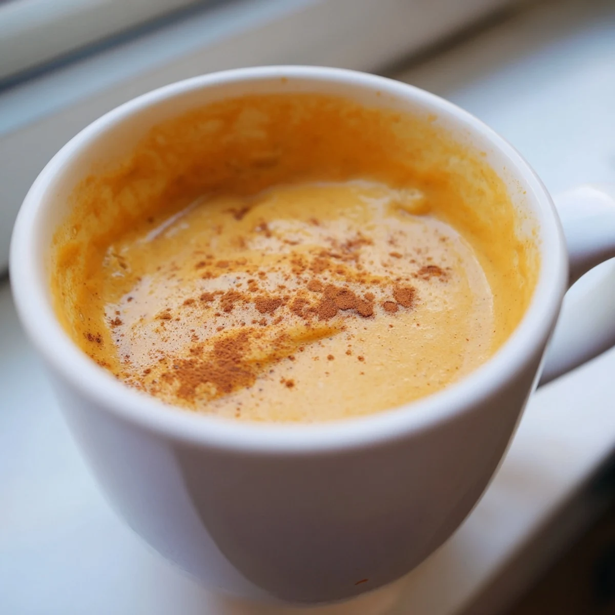 Creamy goguma latte in a warm mug topped with a dusting of cinnamon