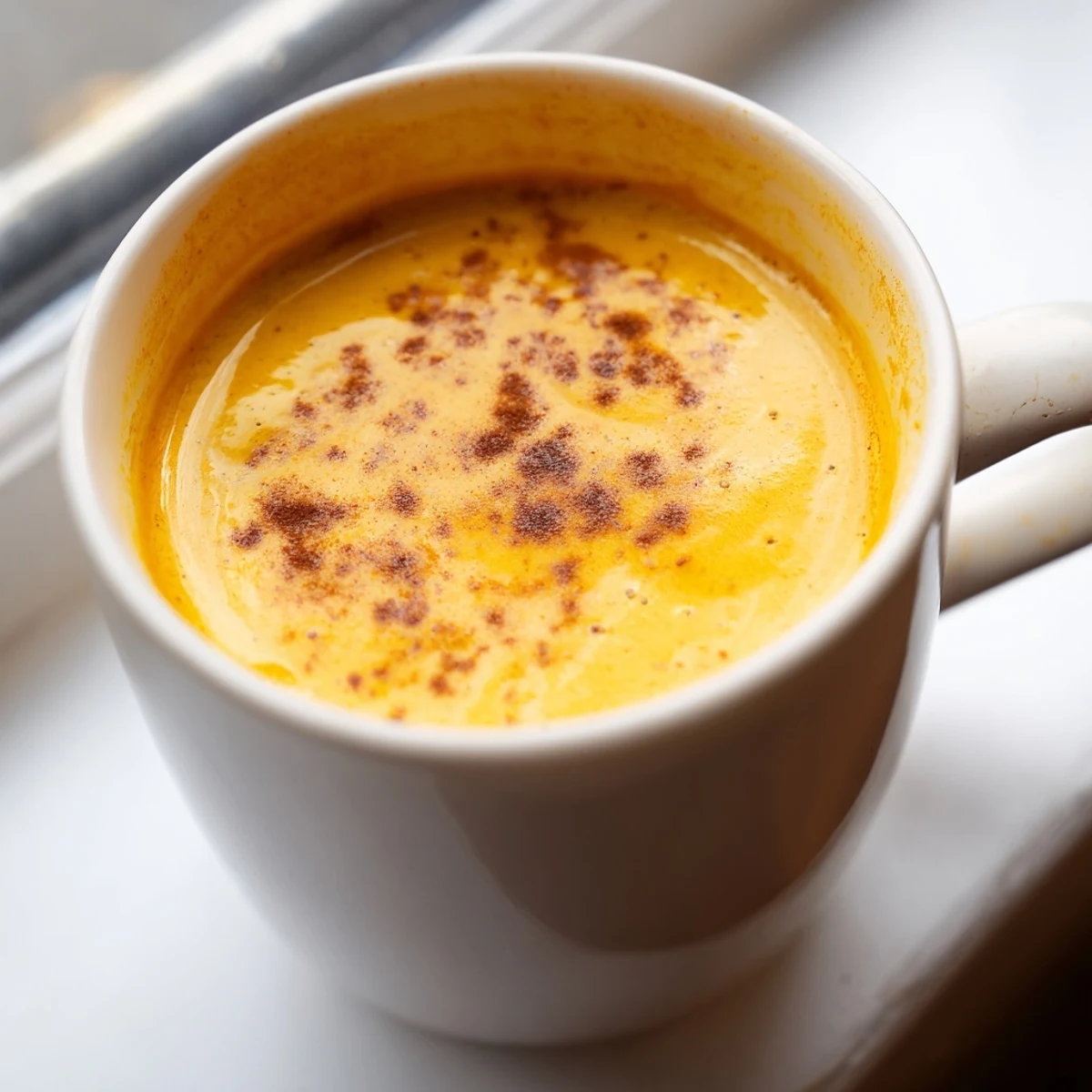 Thick Korean sweet potato latte poured into a glass with frothy milk
