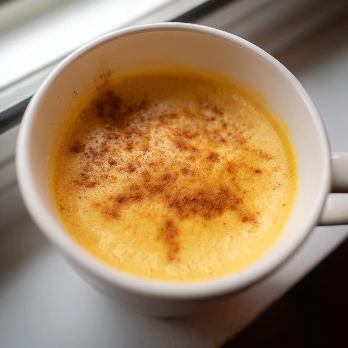 Golden goguma latte swirled in a ceramic cup beside a roasted sweet potato