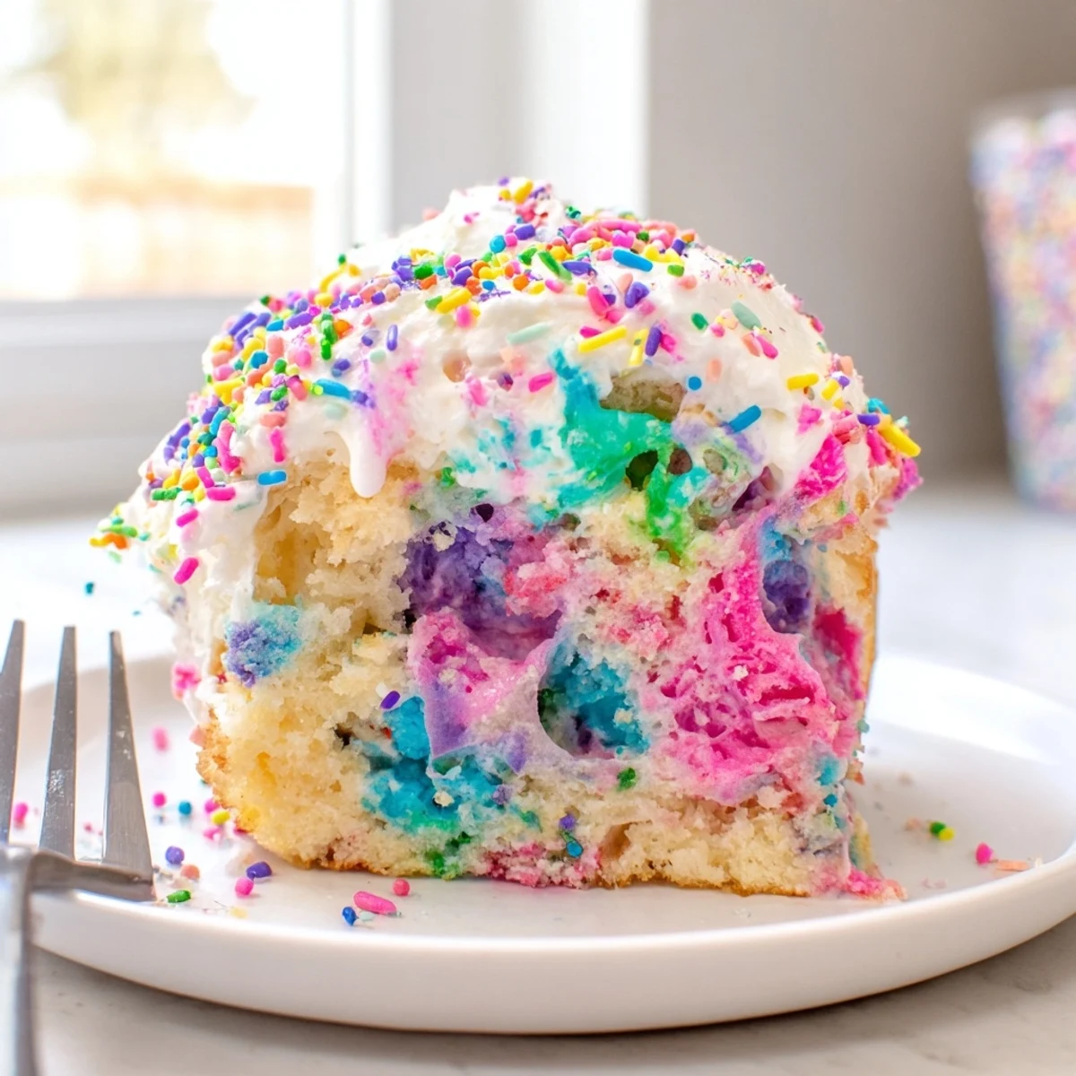 Sliced unicorn poke cake revealing vibrant pink purple and blue pudding layers