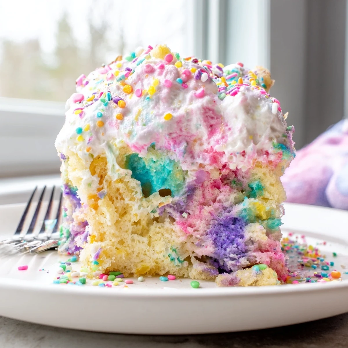 Colorful unicorn poke cake with swirled rainbow pudding and fluffy whipped topping
