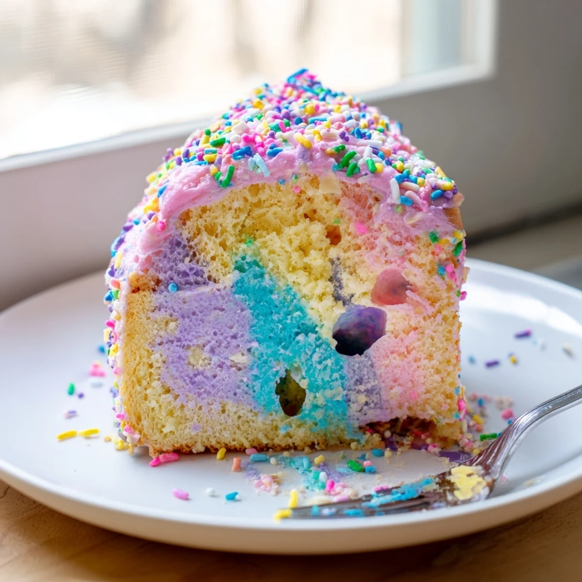 Festive unicorn poke cake topped with whipped cream and bright confetti sprinkles