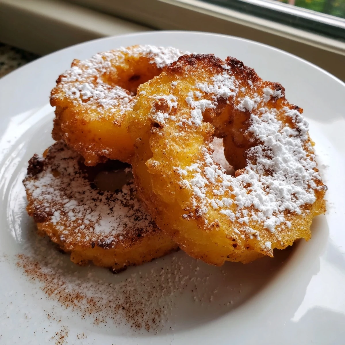 Crispy golden fried pineapple rings dusted with powdered sugar on a rustic plate