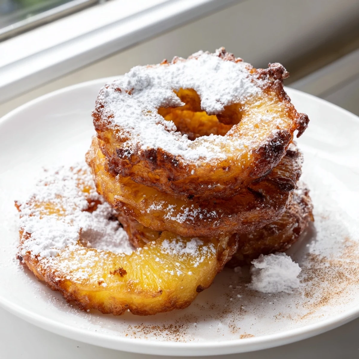 Battered fried pineapple rings served warm with caramel drizzle and cinnamon sprinkles