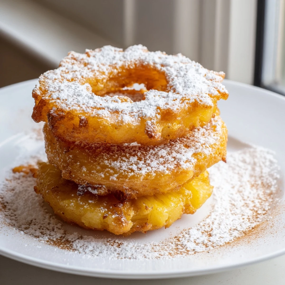Perfectly caramelized fried pineapple rings stacked high beside a scoop of vanilla ice cream