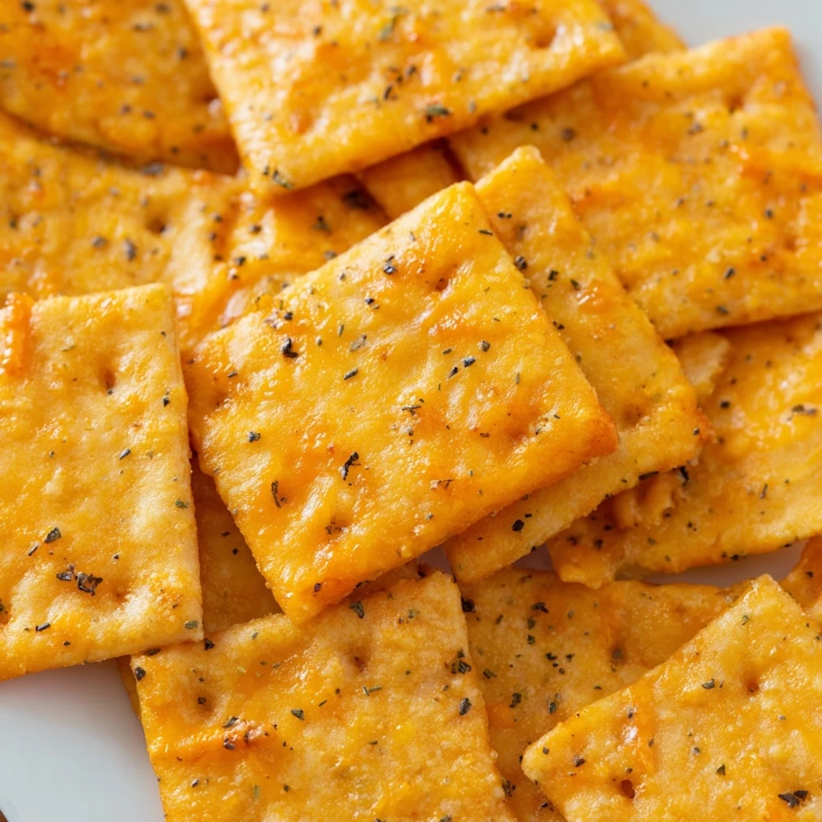 Golden taco crackers topped with melted cheddar and dried oregano on a baking sheet