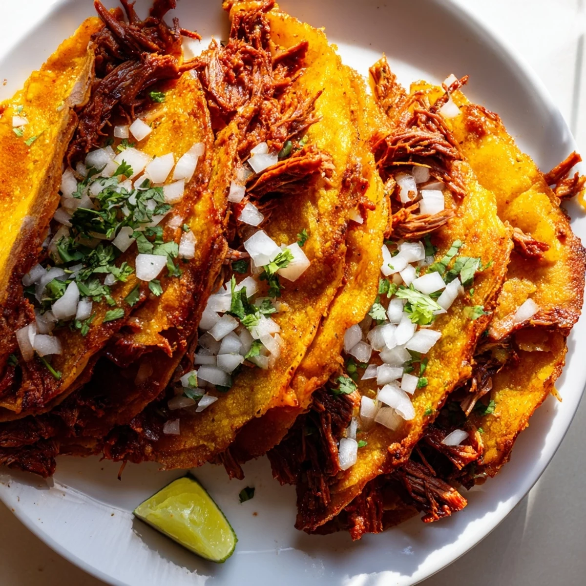 Shredded beef slow cooker birria tacos dipped in rich red consommé for serving