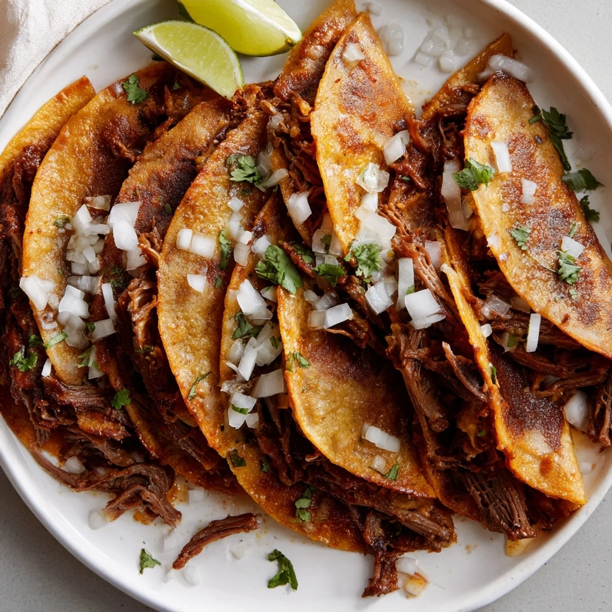 Golden crispy slow cooker birria tacos filled with tender beef and melted cheese