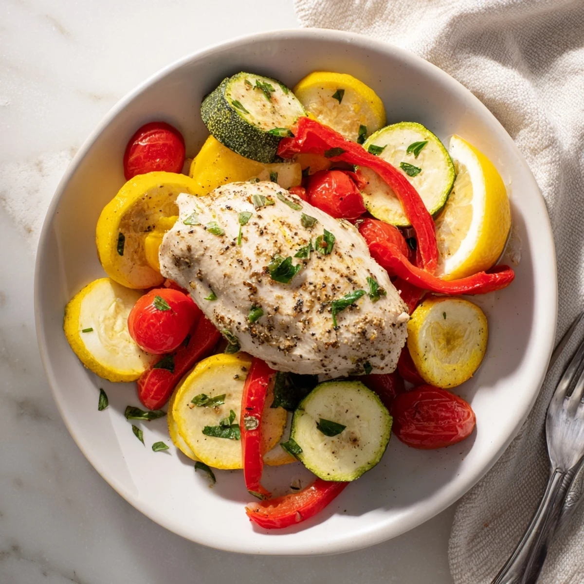 Golden chicken foil packets recipe steaming open over colorful sliced peppers and squash