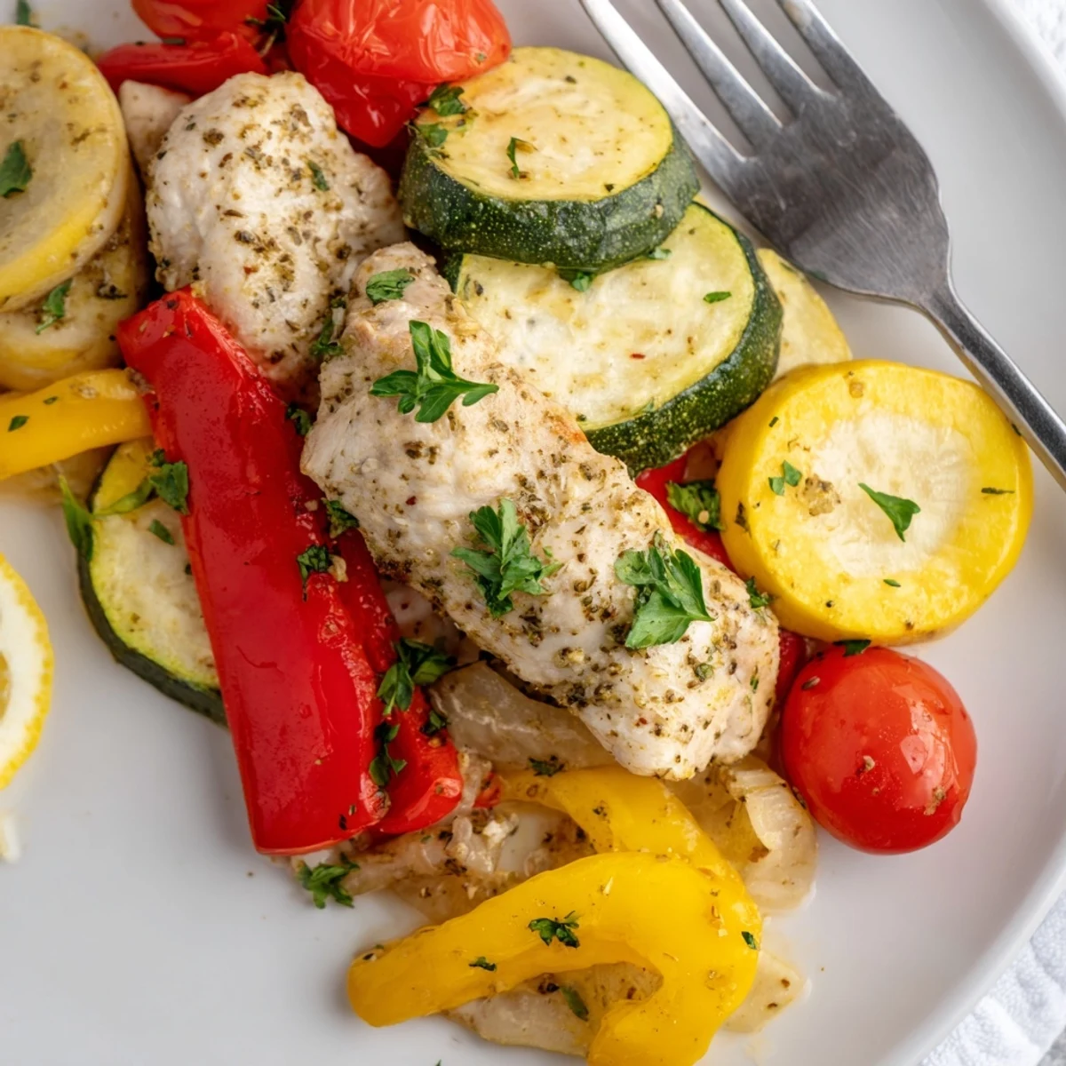 Open foil packets recipe revealing herb-seasoned chicken breast alongside cherry tomatoes and lemon