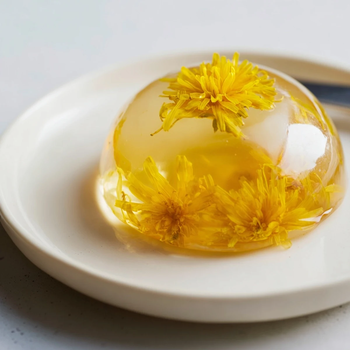 Golden homemade dandelion jelly spread on toasted bread with fresh petals