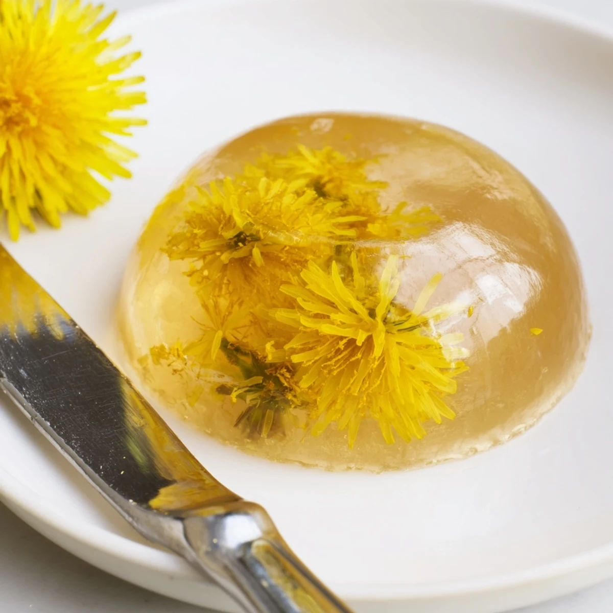 Translucent homemade dandelion jelly glowing in sunlight beside a scone and cheese