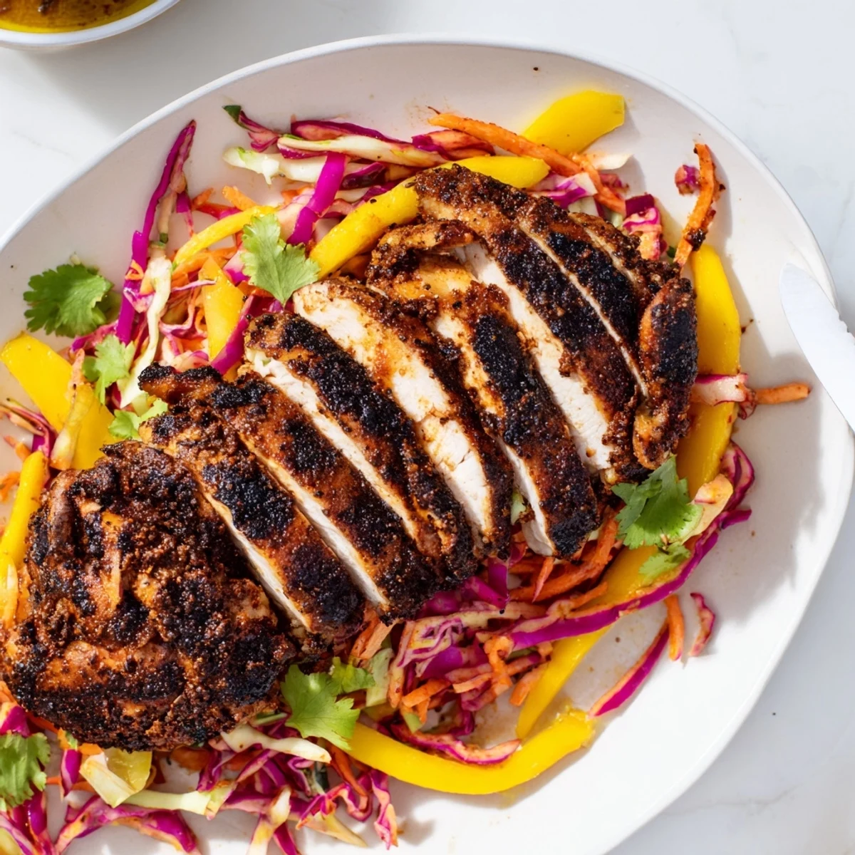 Grilled jerk chicken sliced over crisp colorful mango slaw for summer