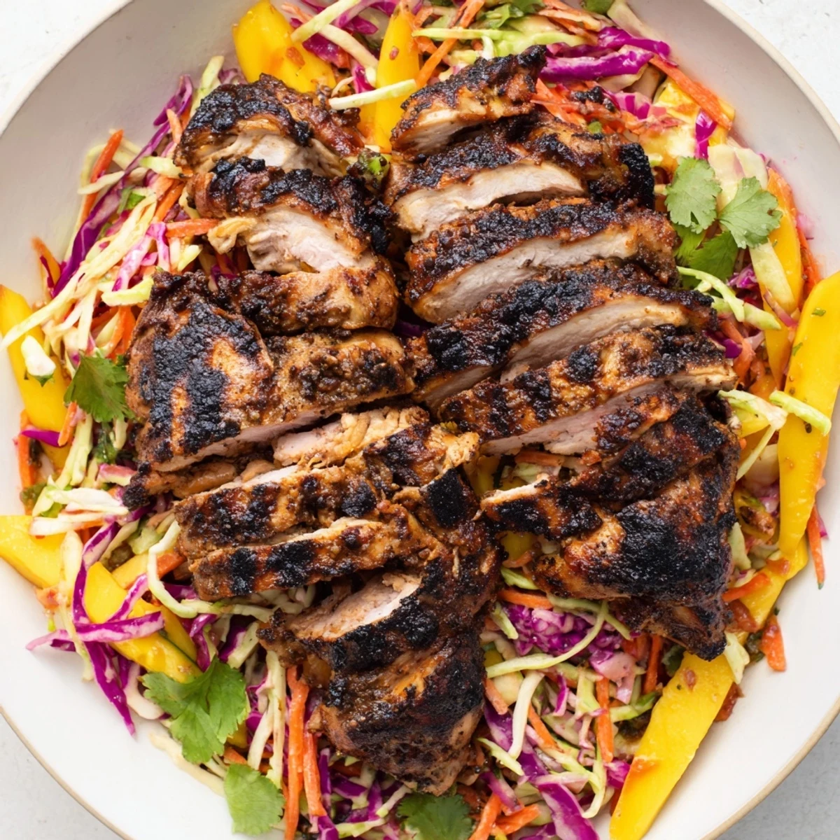 Charred spicy jerk chicken with mango slaw on a white plate