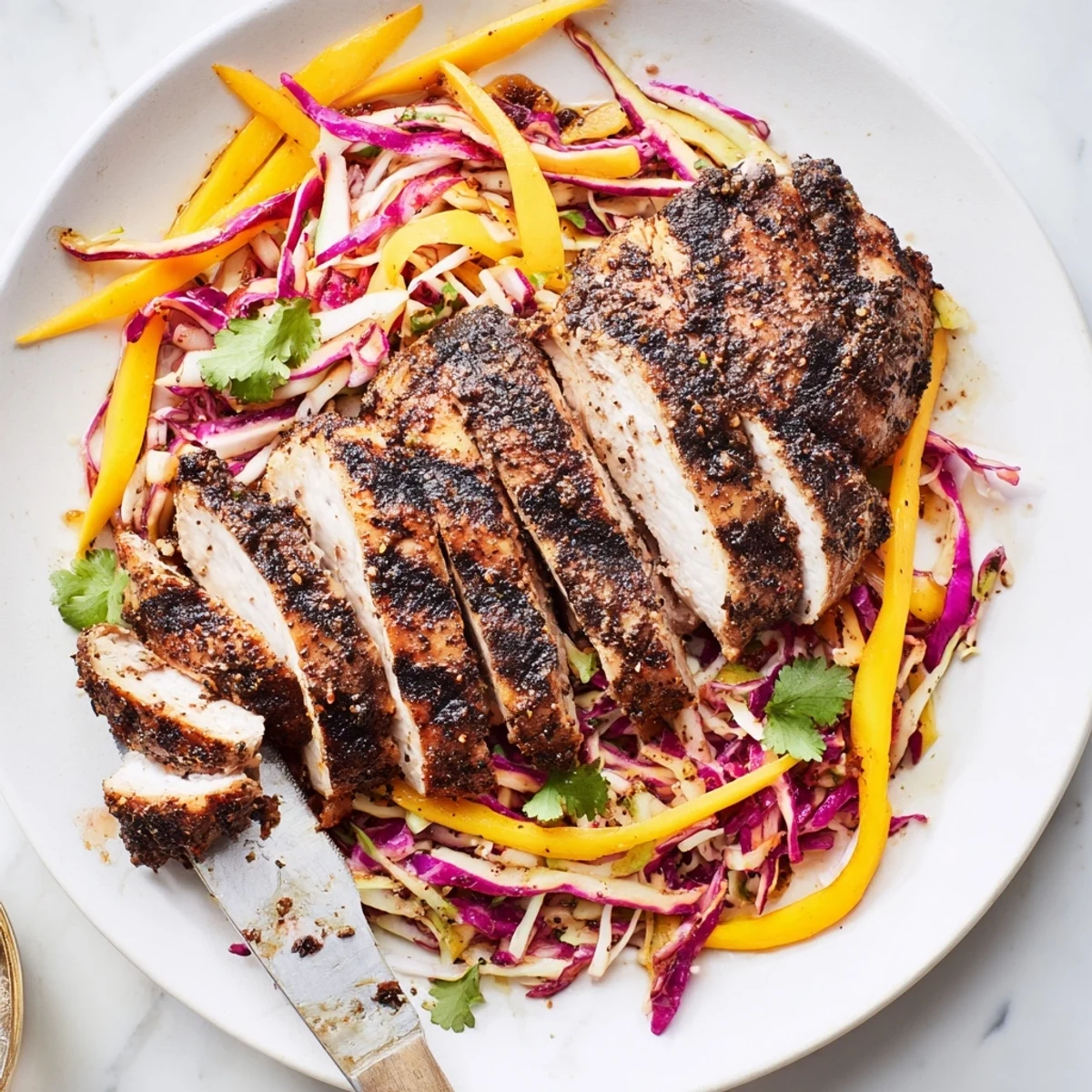 Smoky jerk chicken thighs plated with sweet tangy mango slaw