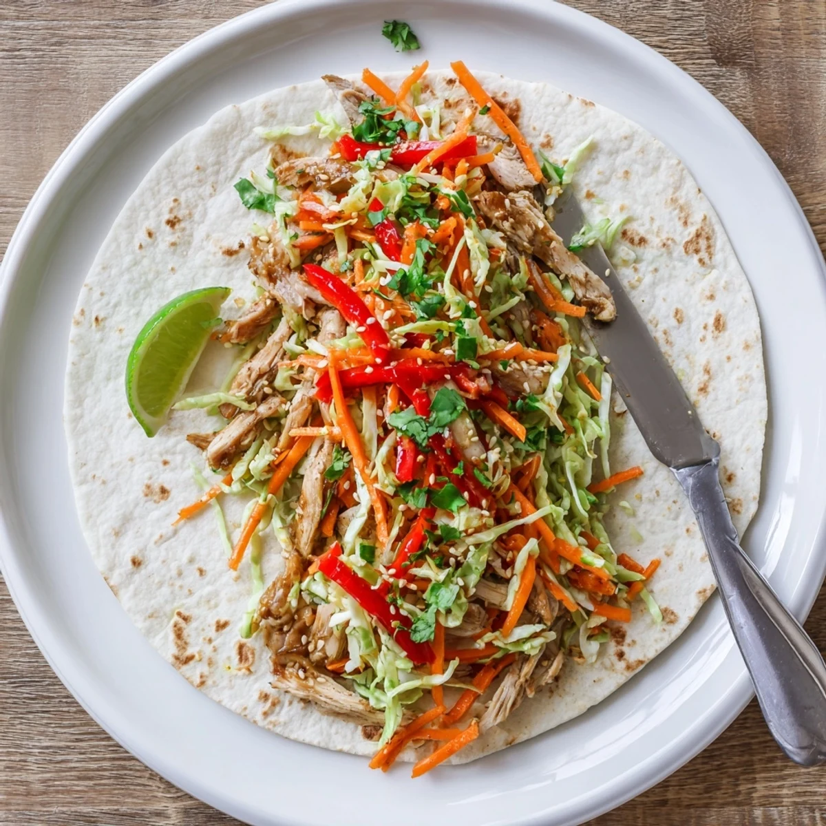 Juicy sliced chicken nestled in Thai chicken wraps with crunchy Asian slaw