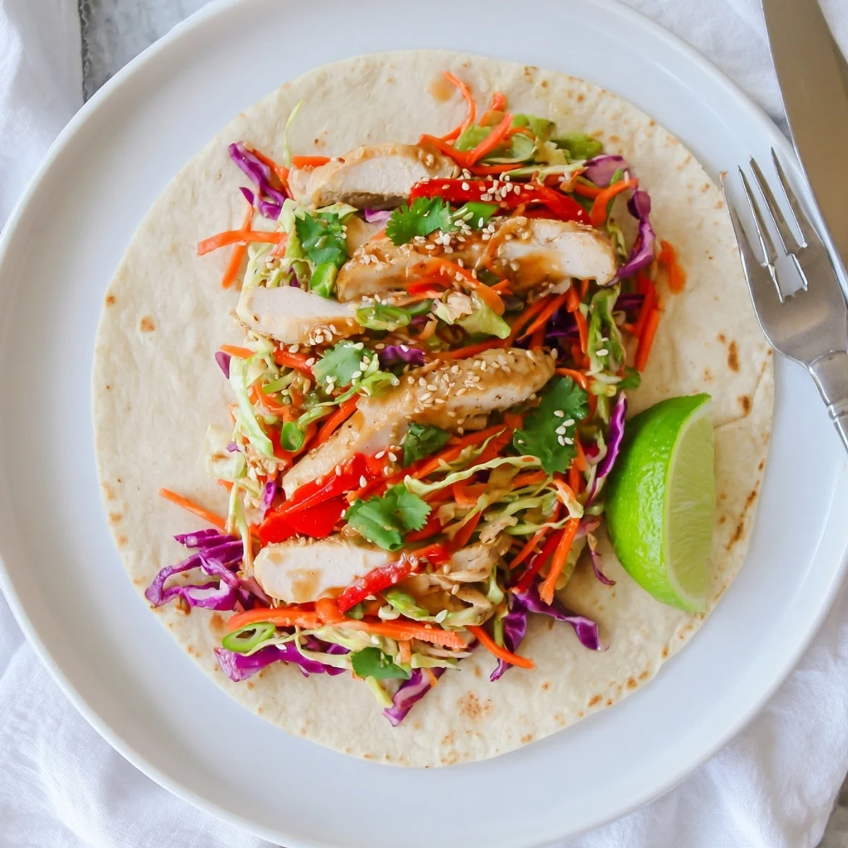Soft flour tortilla filled with Thai chicken wraps and colorful crisp slaw