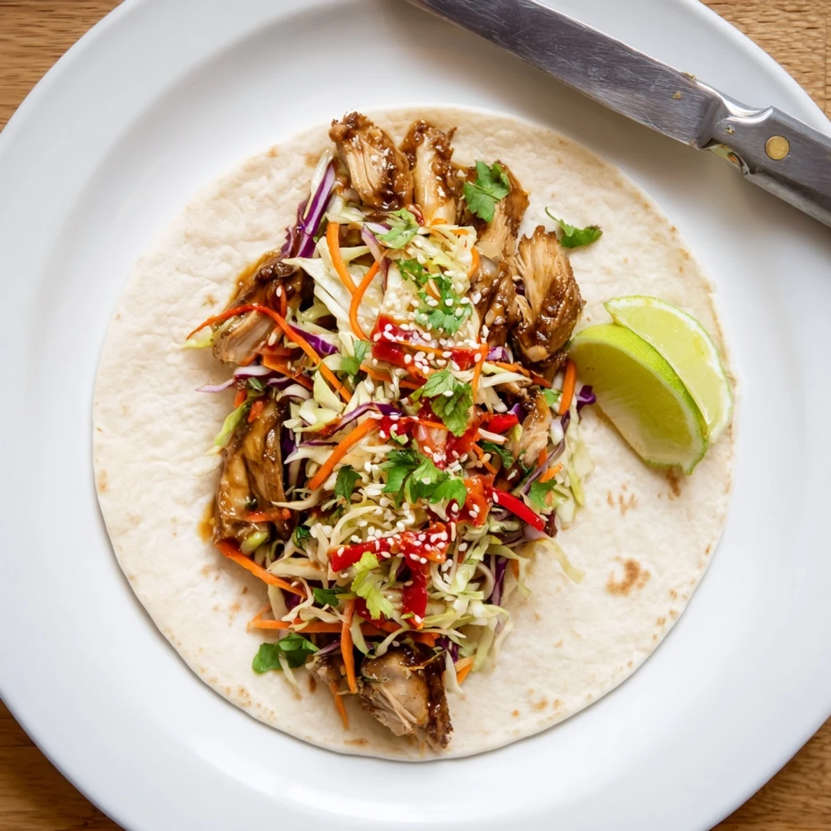 Golden grilled chicken strips inside Thai chicken wraps topped with sesame seeds