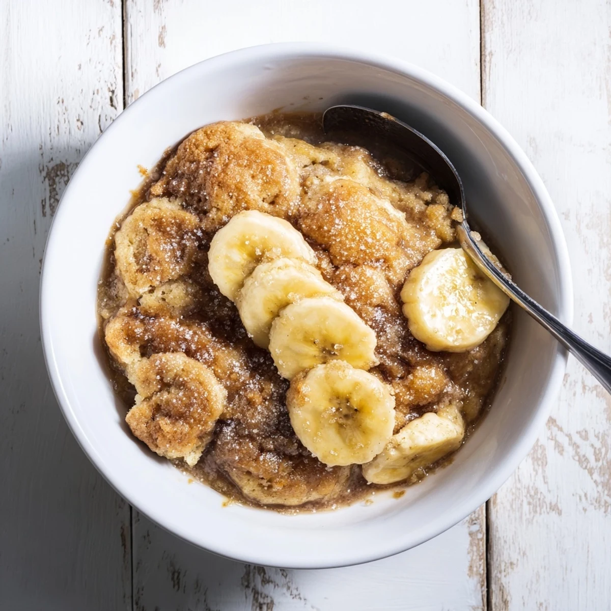 Warm Southern banana cobbler served in a dish with vanilla ice cream