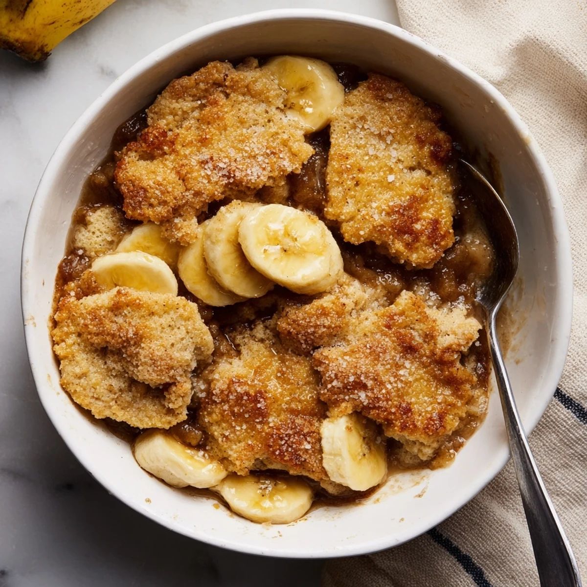 Golden Southern banana cobbler with bubbling fruit and a buttery topping
