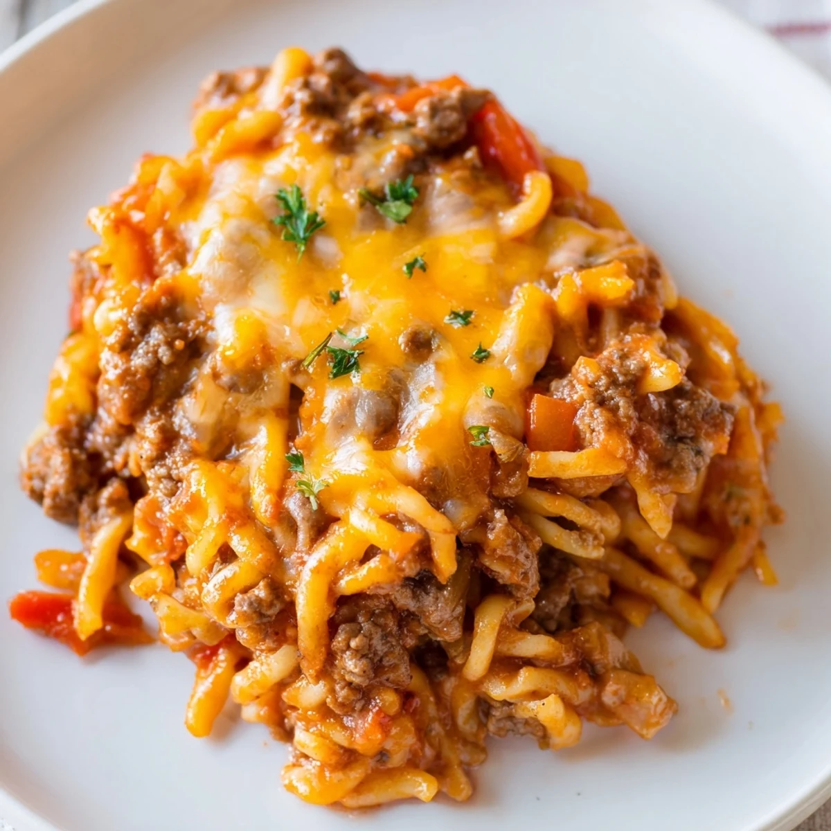 Hearty Beef Noodle Casserole served steaming with garlic bread and salad.