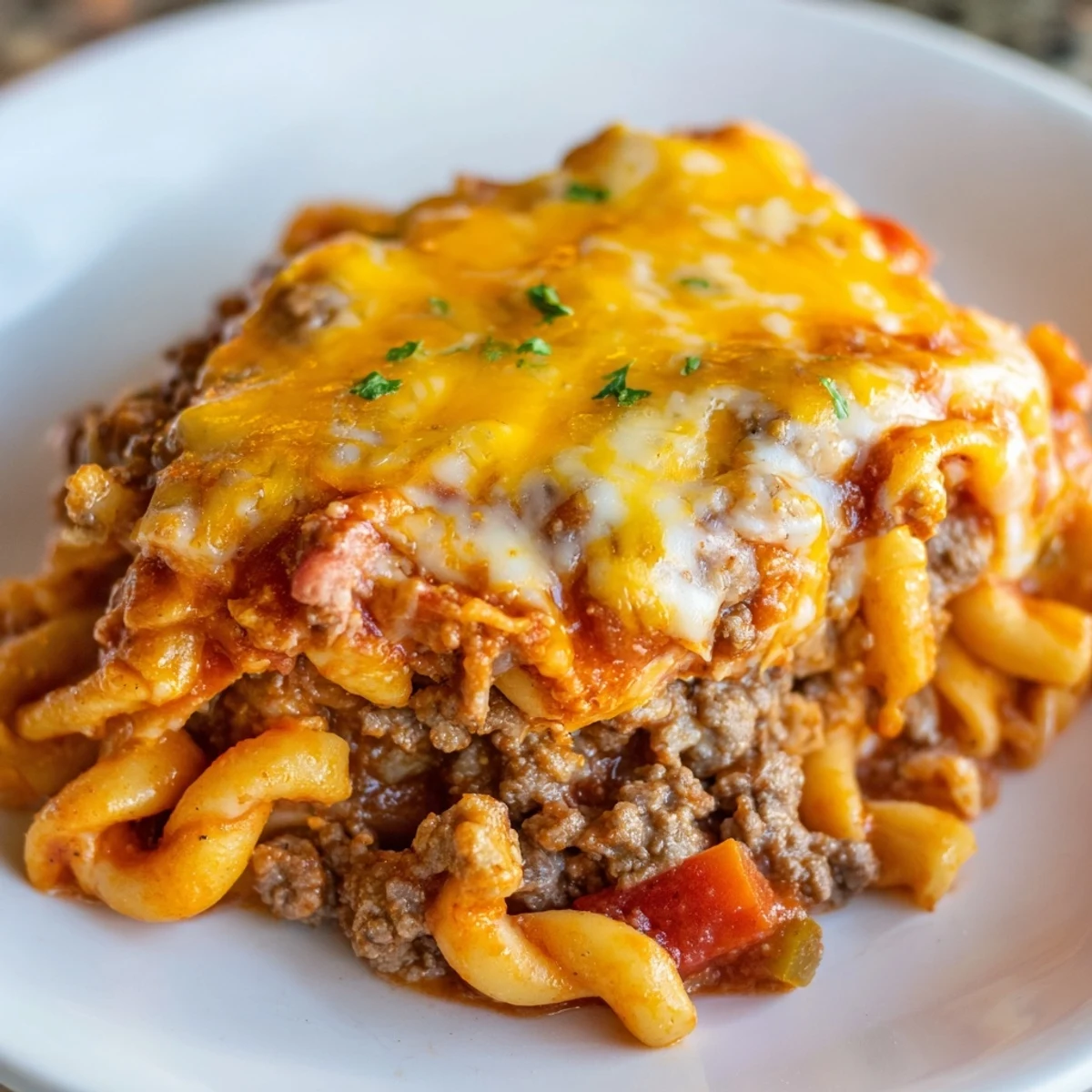 Slice of Beef Noodle Casserole on plate, tomato rich sauce, creamy noodles.