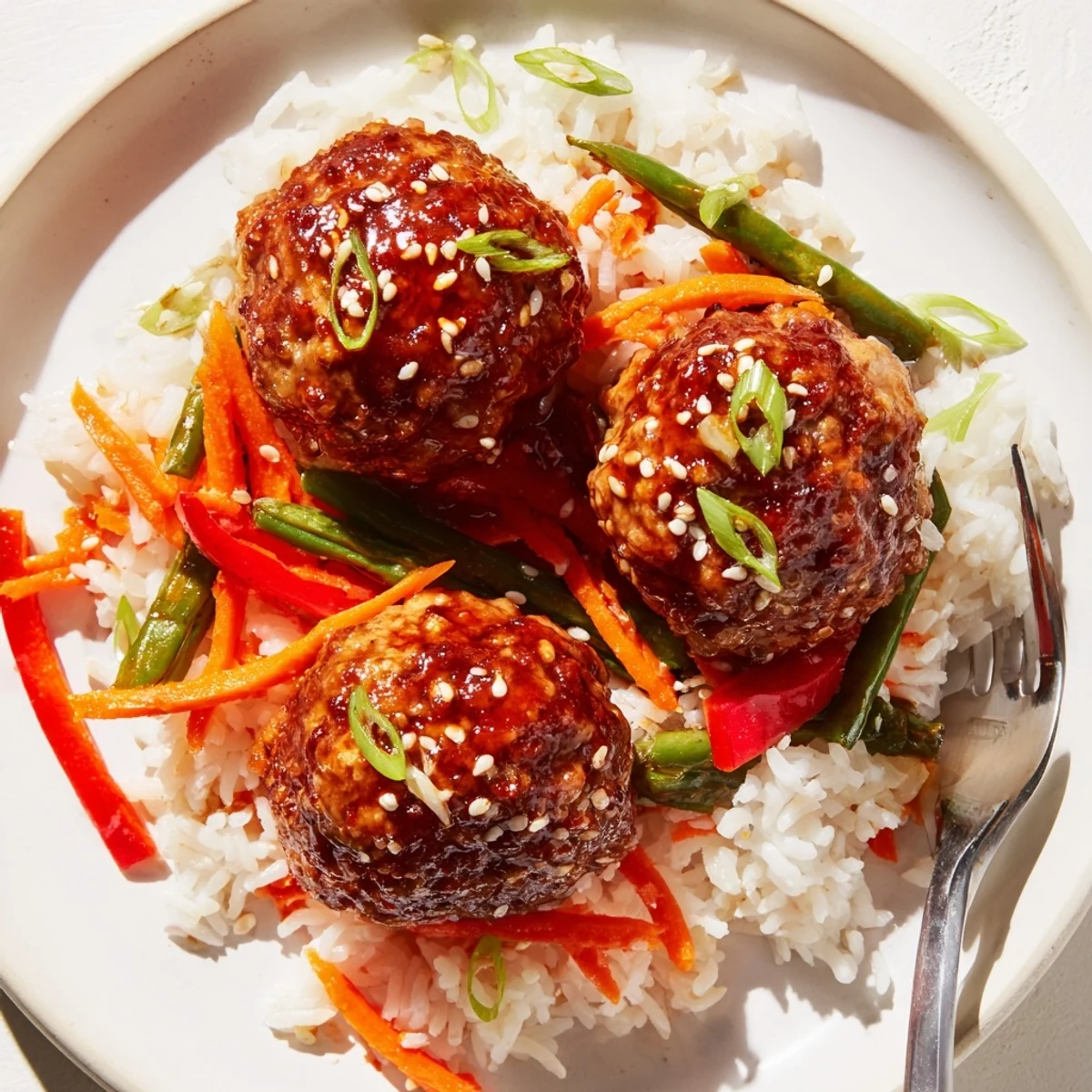 Hello Fresh Firecracker Meatballs glazed in sticky chili-honey sauce over jasmine rice