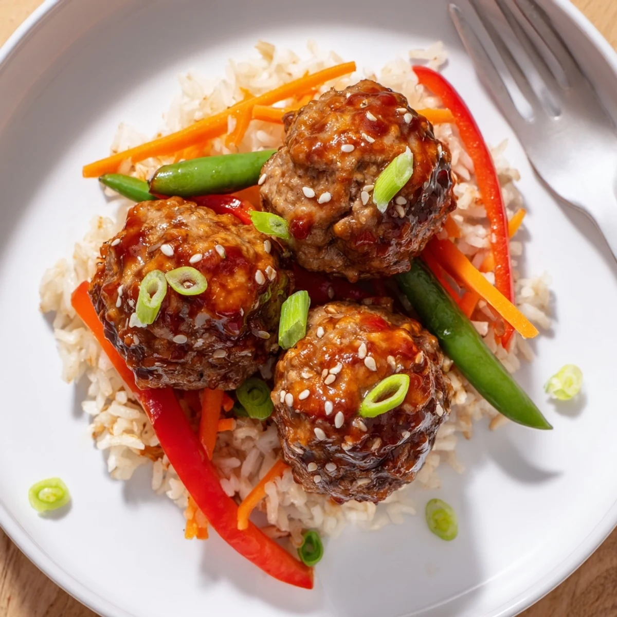 A bowl of Hello Fresh Firecracker Meatballs with crisp sauteed vegetables, scallions