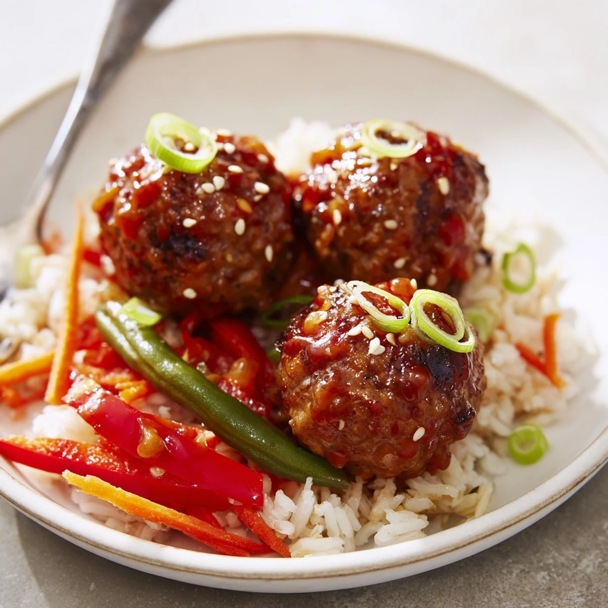 Hello Fresh Firecracker Meatballs piled beside fluffy jasmine rice, sesame garnish