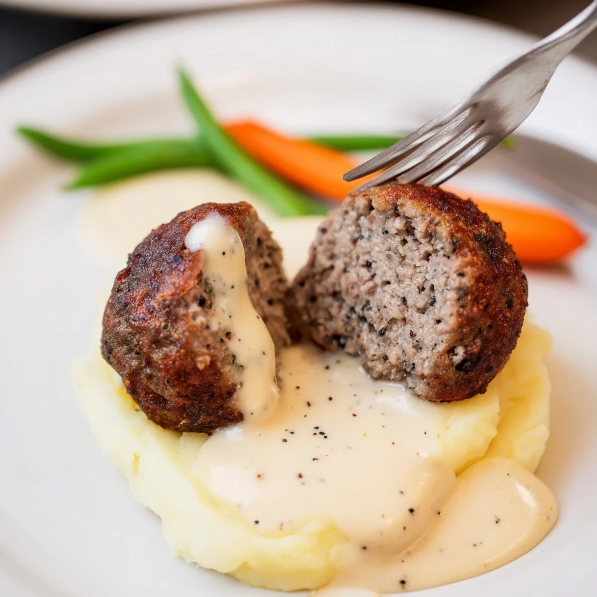 Homemade Ikea Meatballs glistening in creamy gravy, served with mashed potatoes.