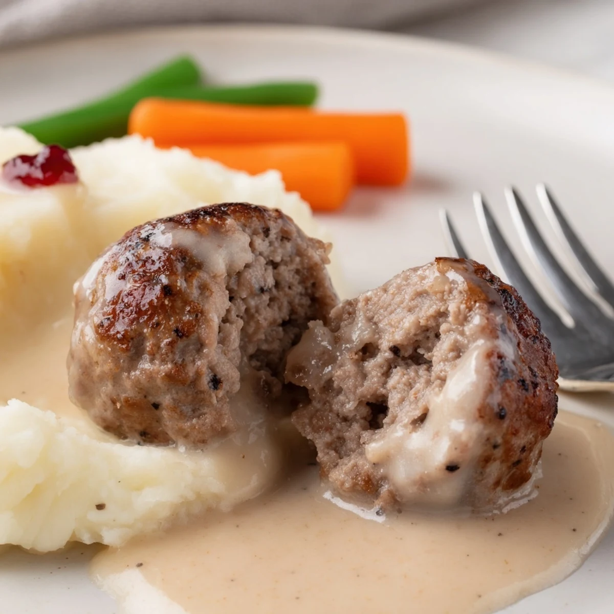 Fork cutting Homemade Ikea Meatballs revealing juicy interior, coated in silky cream sauce.