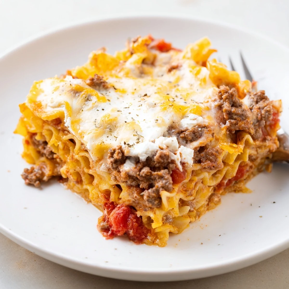 Beef Lombardi Casserole bubbling golden with melted cheddar, served with salad