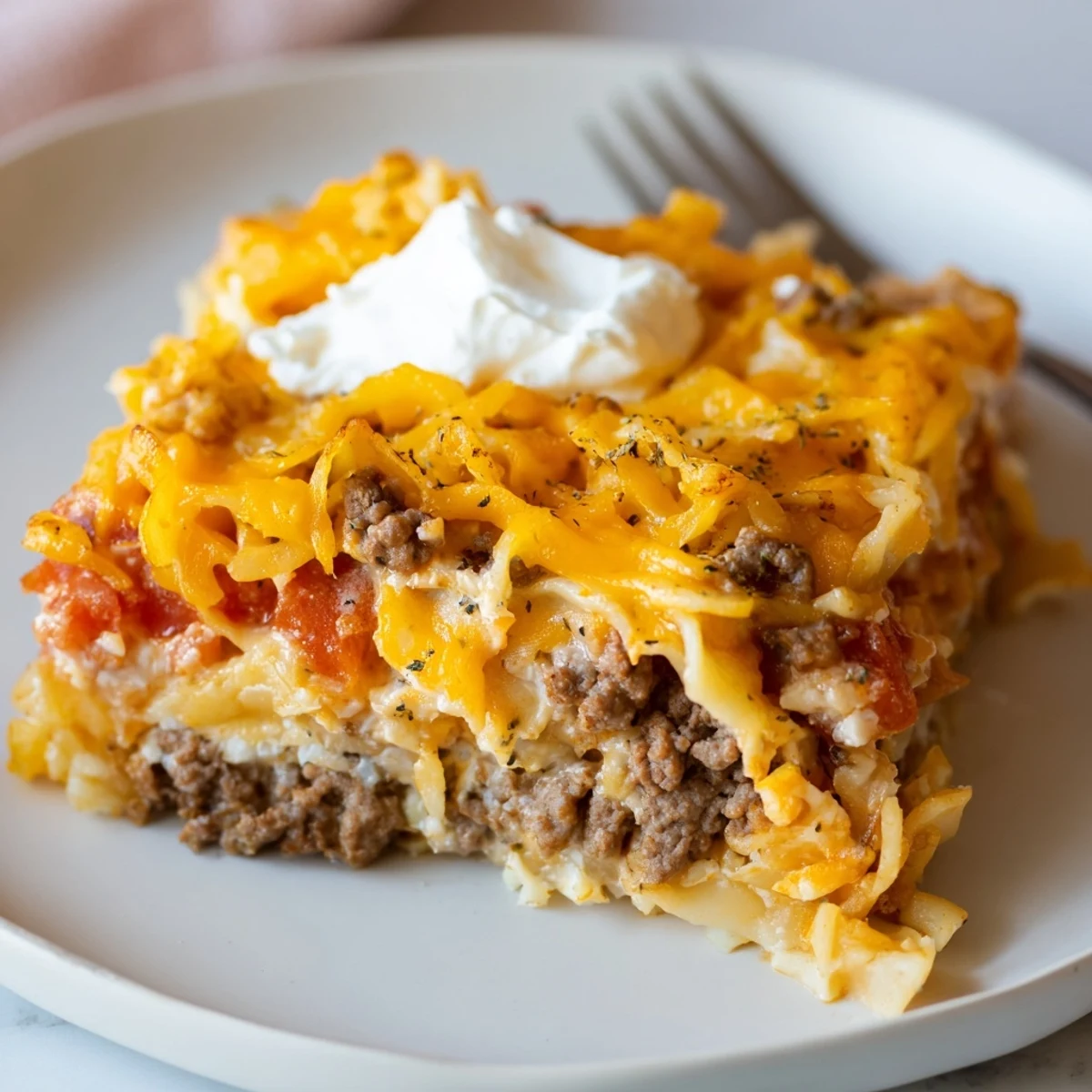 Hearty Beef Lombardi Casserole in a browned 9x13 dish, fork-ready