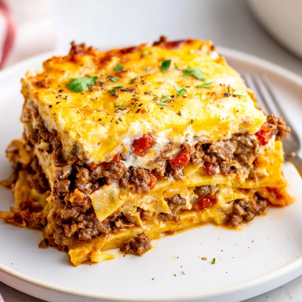 Warm Beef Lombardi Casserole layered with creamy cottage cheese, noodles steaming