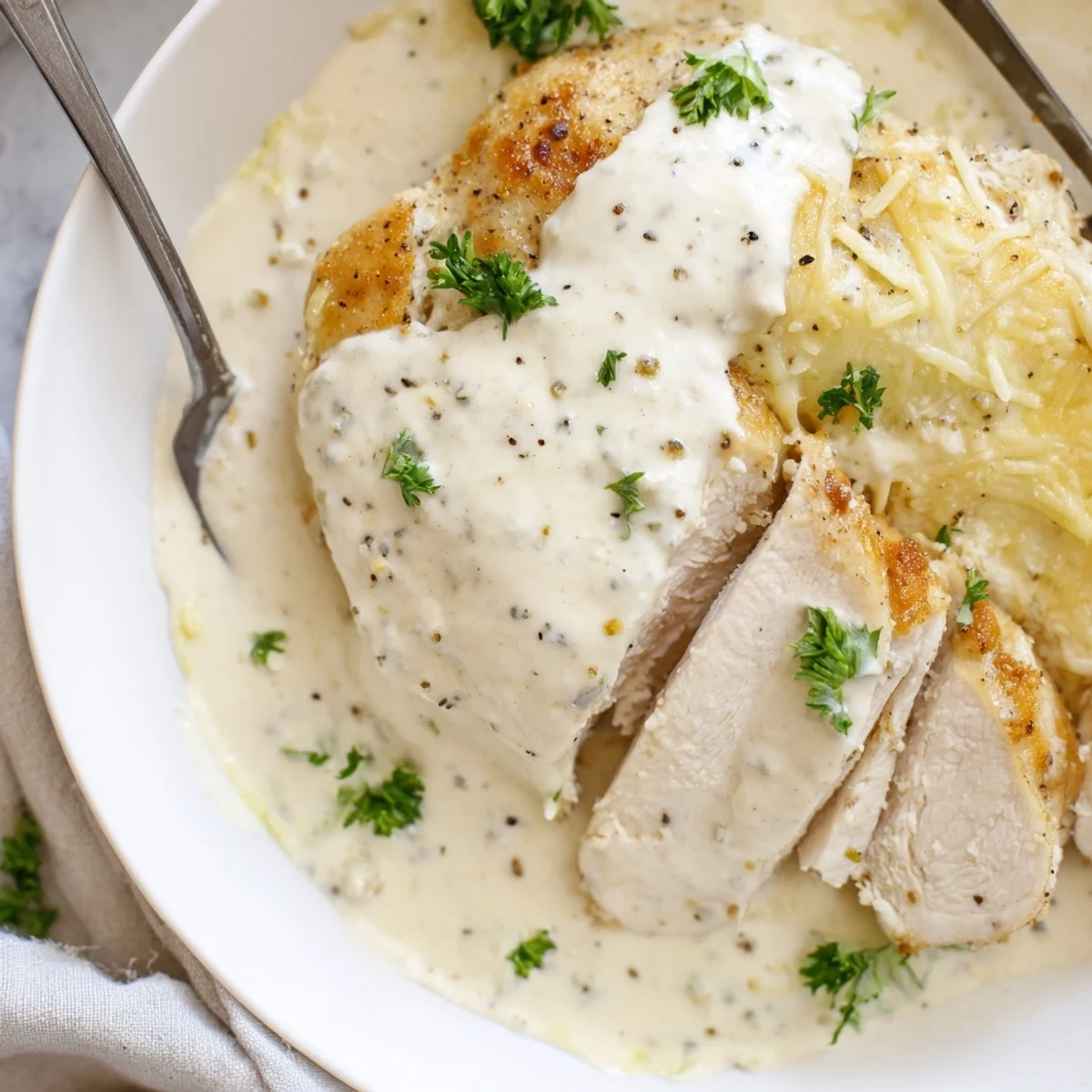Creamy baked Caesar Chicken Recipe topped with golden parmesan and fresh parsley