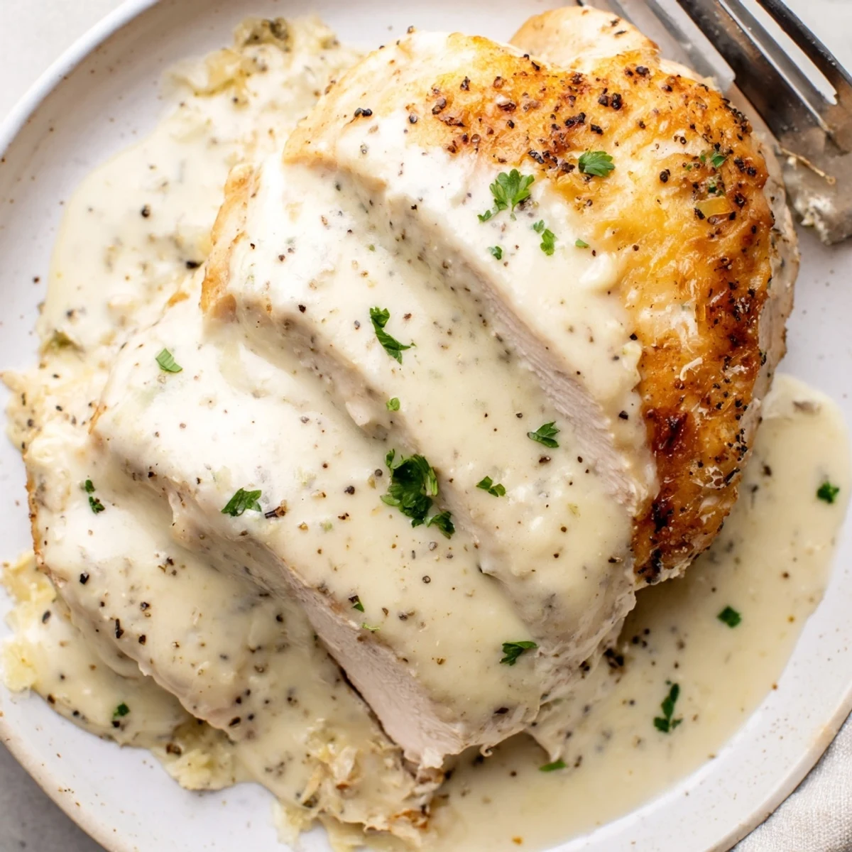 Weeknight Caesar Chicken Recipe with tangy dressing, melted parmesan, served with roasted vegetables